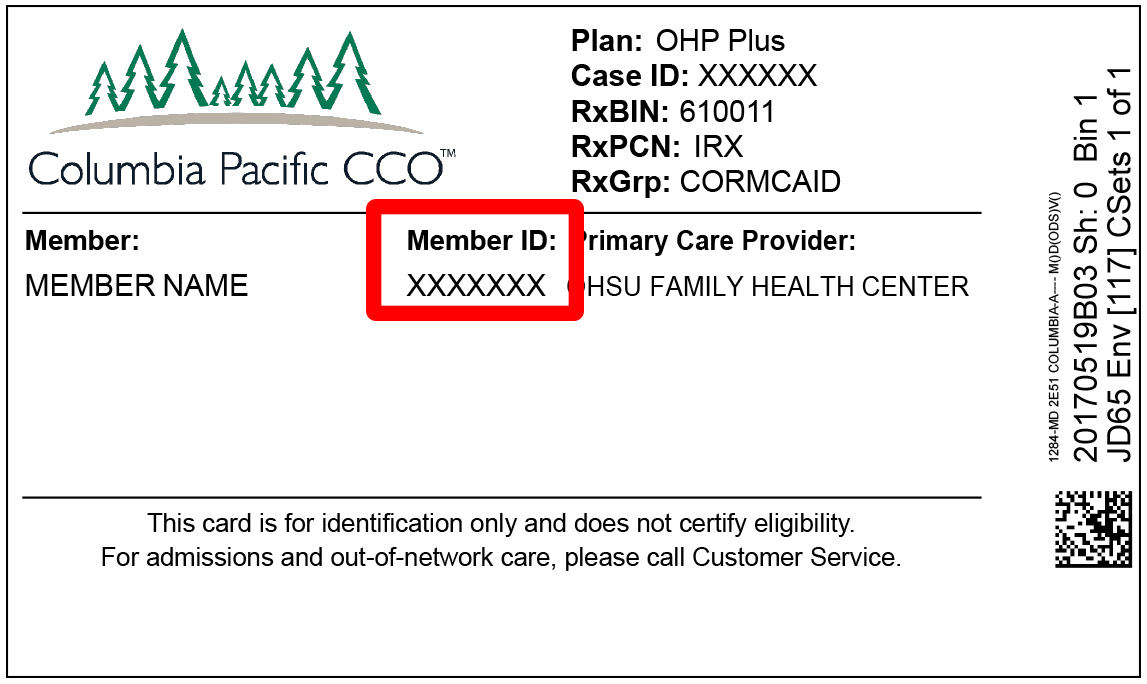Columbia Pacific member card with a border around the member ID