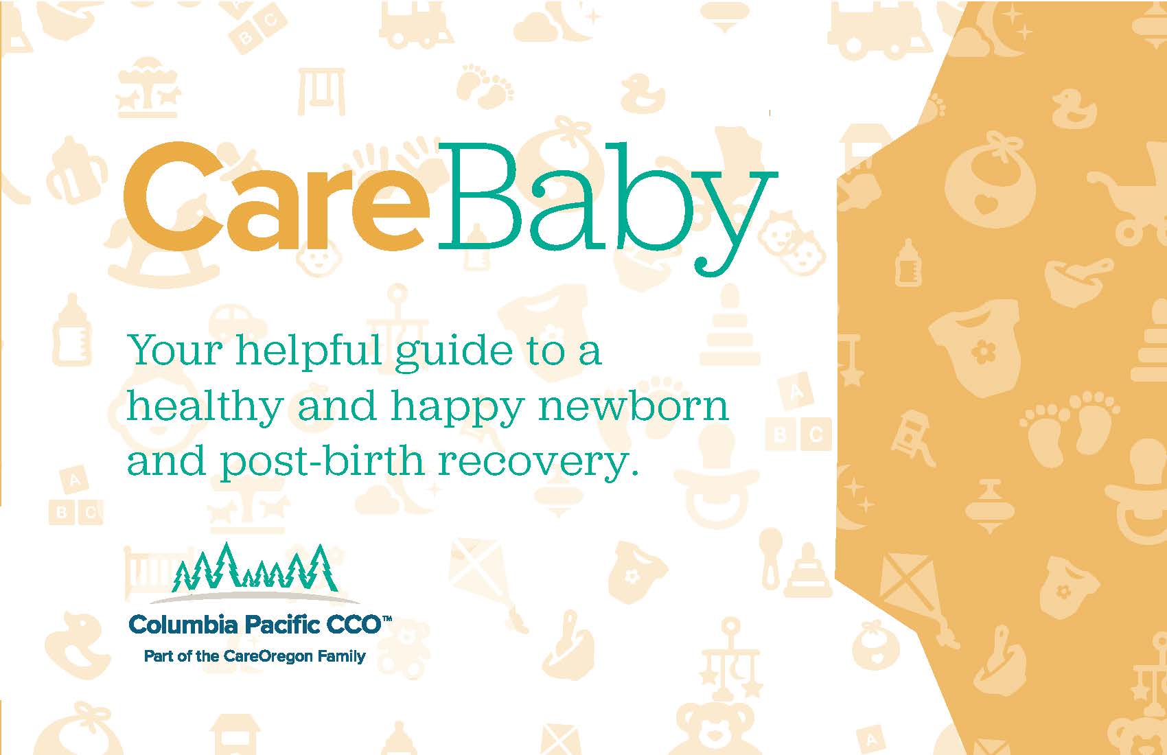 CareBaby newborn booklet cover that reads Your helpful guide to a healthy and happy newborn and post-birth recovery